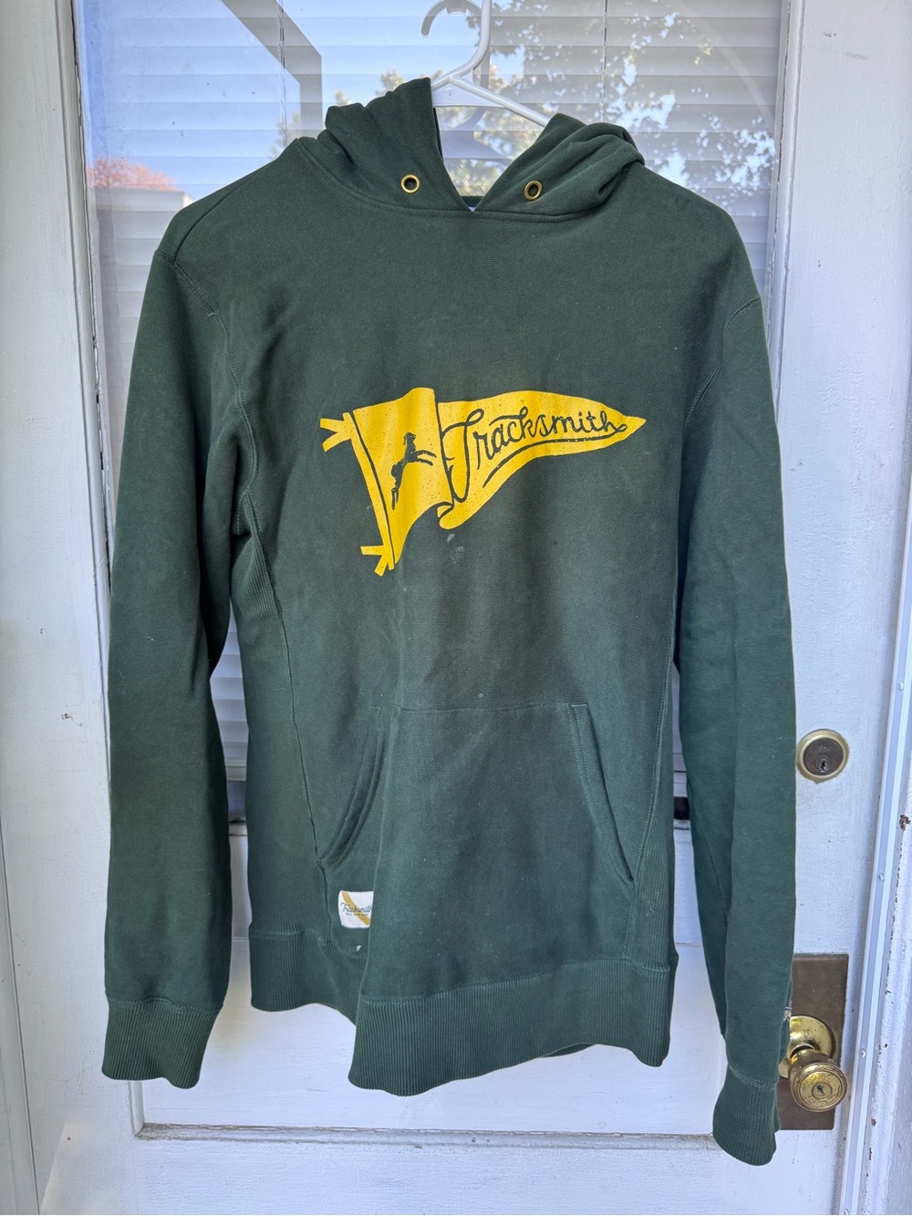 Tracksmith Green Pullover Hoodie with Yellow Pennant Logo